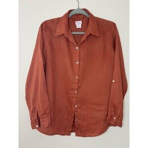 Sigrid Olsen Womens Linen Shirt Plus Sz M Coral Orange Roll-tab Sleeve Coastal